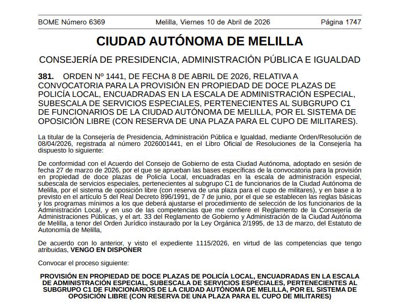 Convocatoria de 12 Plazas de Policía Local de Melilla, por el sistema de Oposición Libre